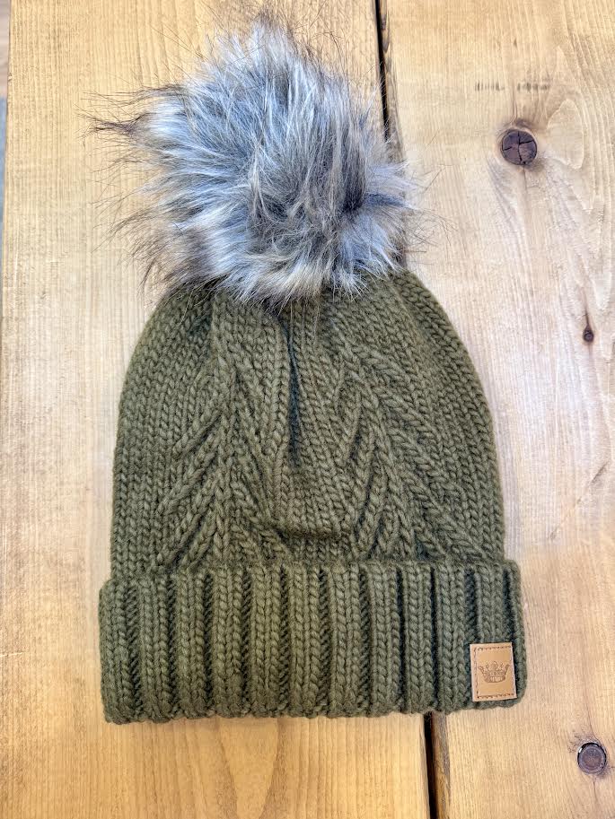 Olive Cable Knit Pom Hat