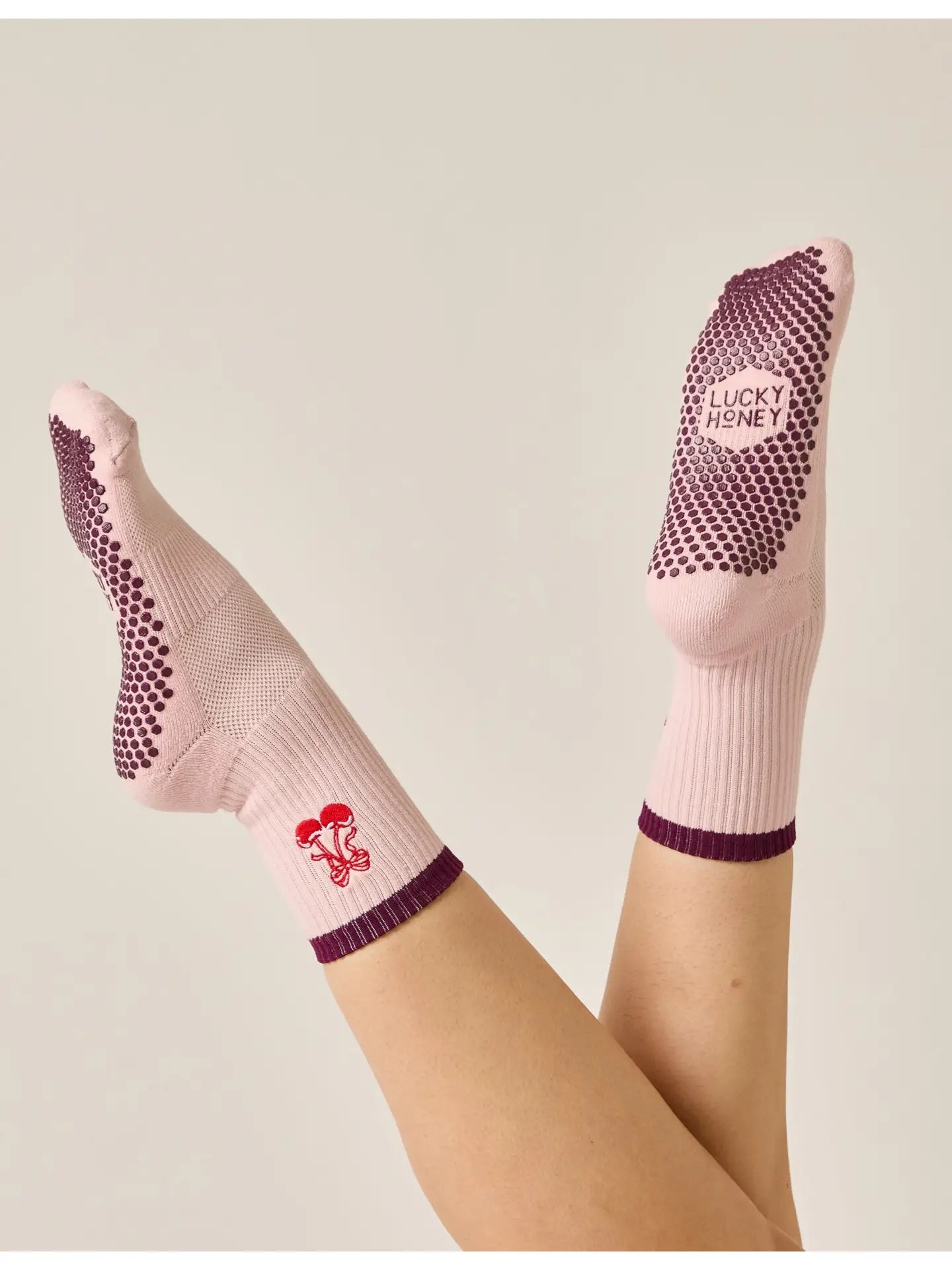 The Embroidered Crew Grip Sock - Cherry Bow