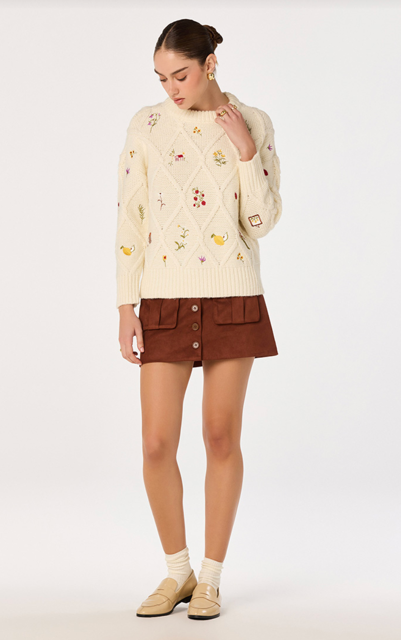 Rose Embroidered Diamond Knit Sweater