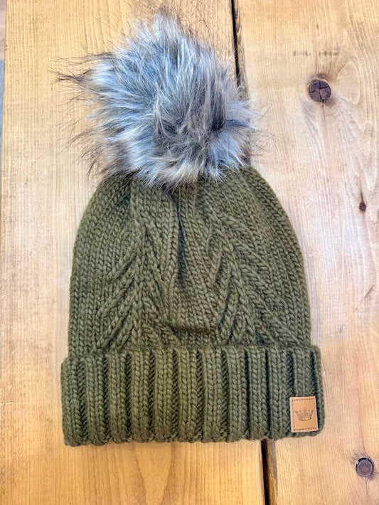 Olive Cable Knit Pom Hat