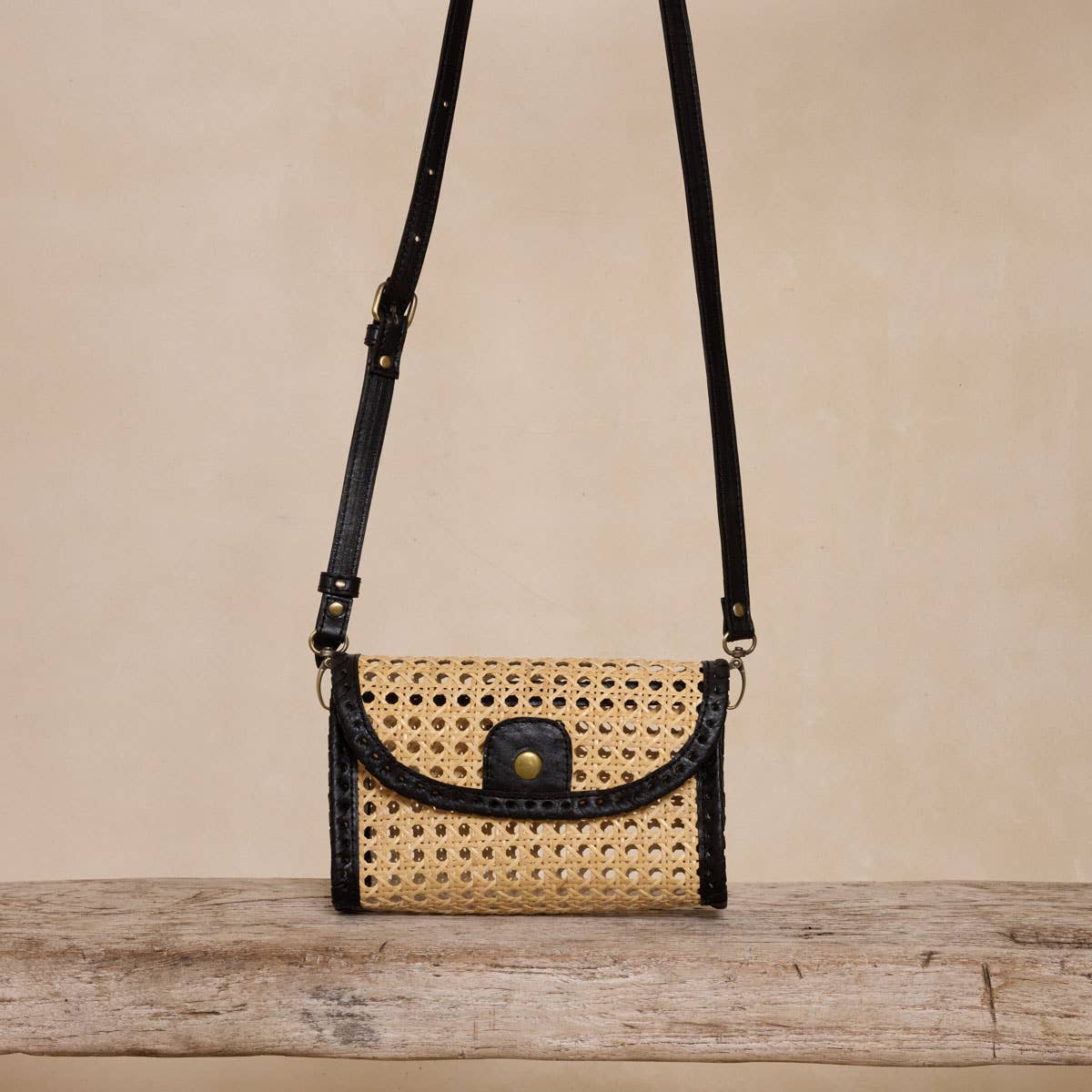 The Winding Road - Black Rattan Clutch with Leather Trim and Crossbody Strap