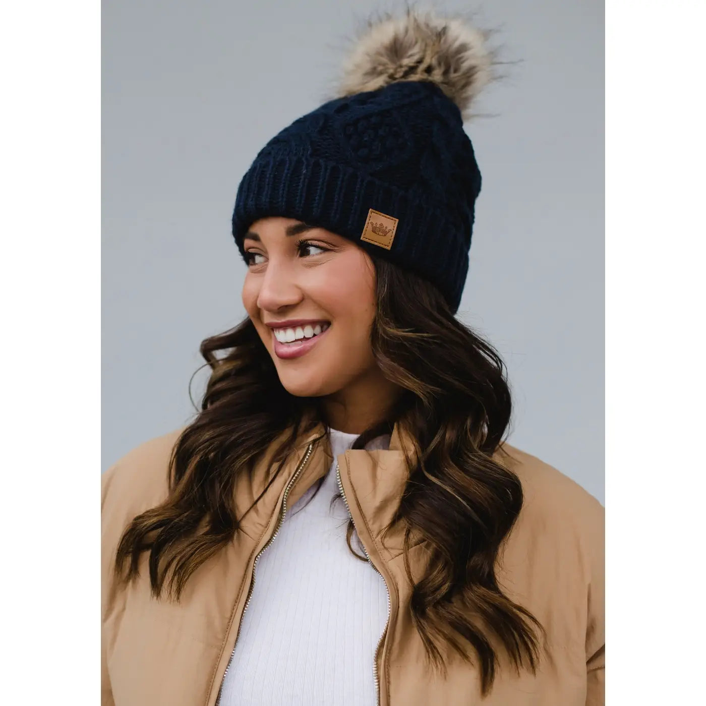 Navy Cable Knit Pom Hat