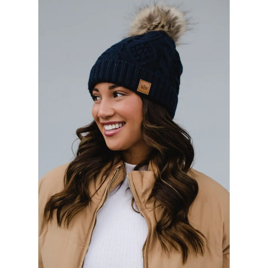 Navy Cable Knit Pom Hat