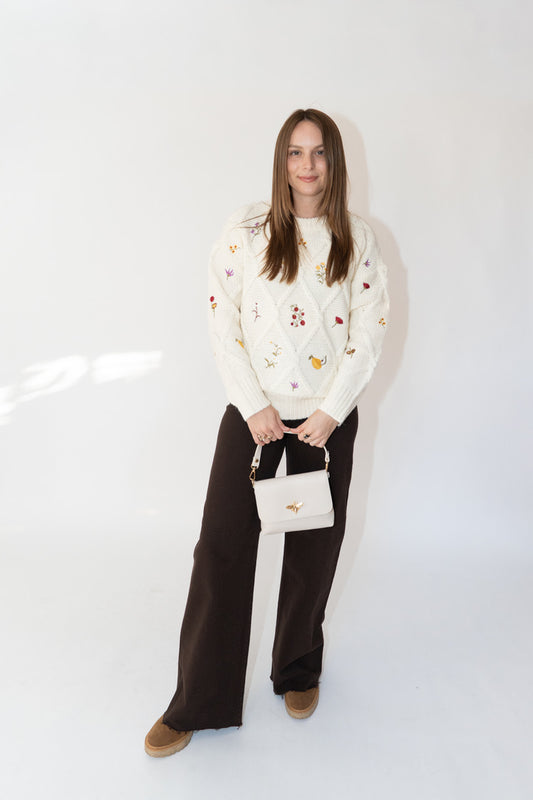 Rose Embroidered Diamond Knit Sweater