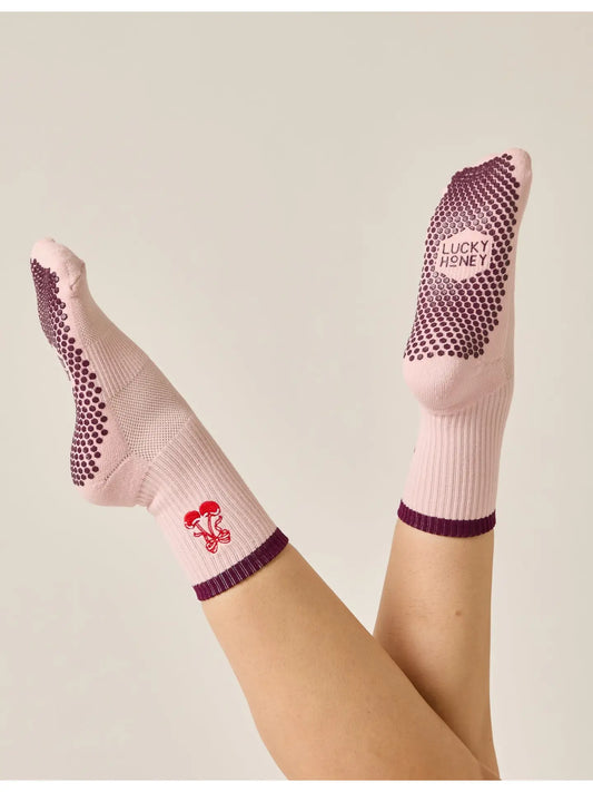 The Embroidered Crew Grip Sock - Cherry Bow