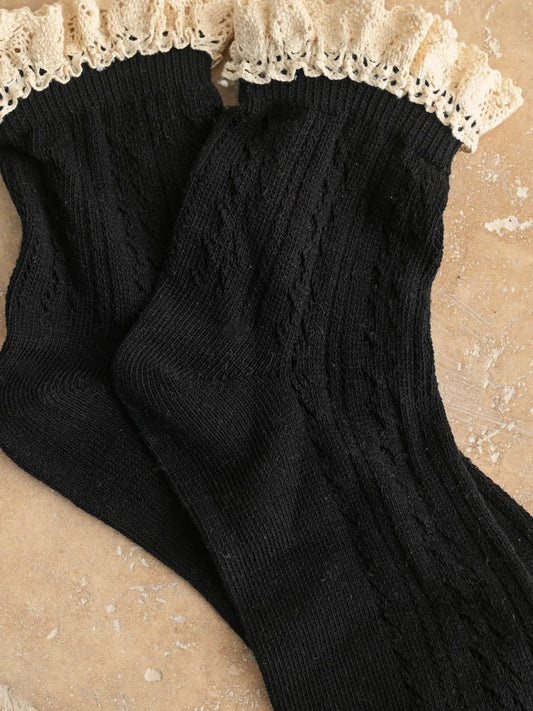 Black Net Pointelle Crochet Trim Socks
