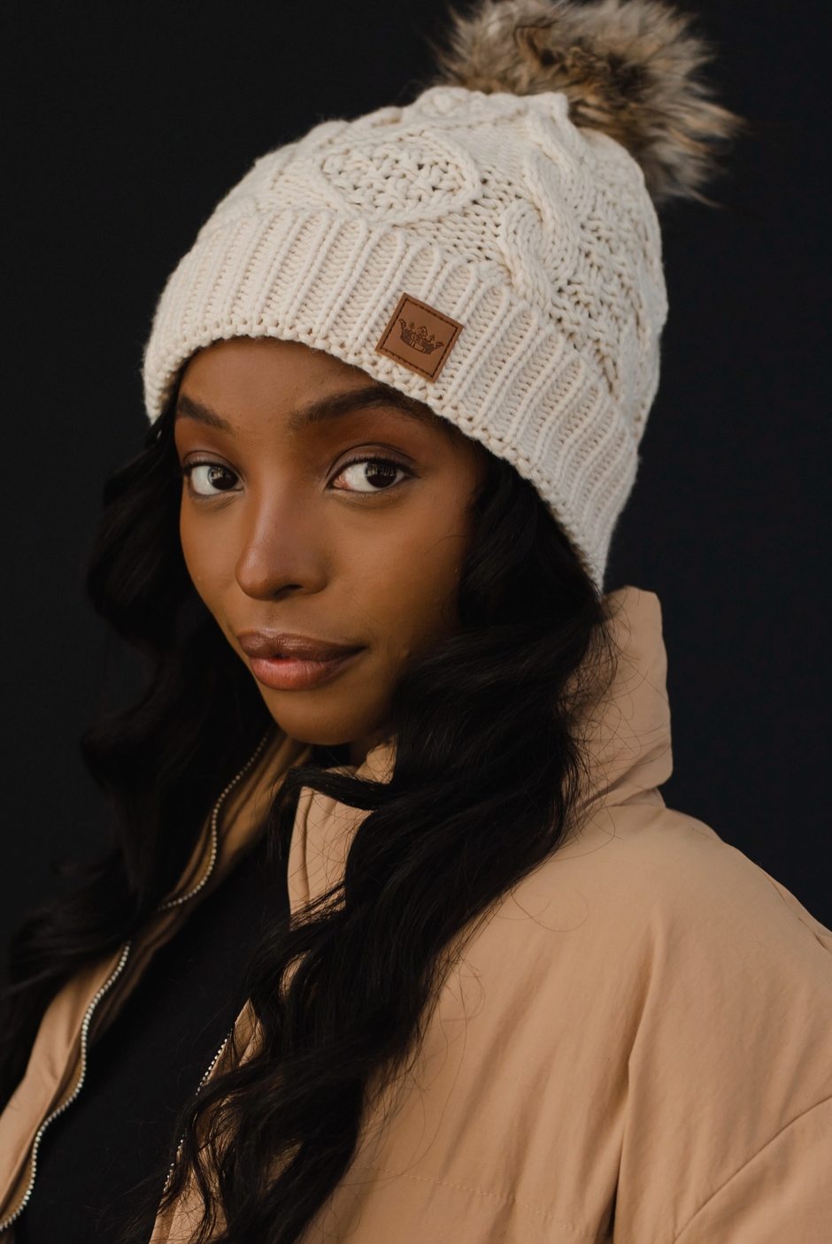 Beige Cable Knit Hat with Natural Pom