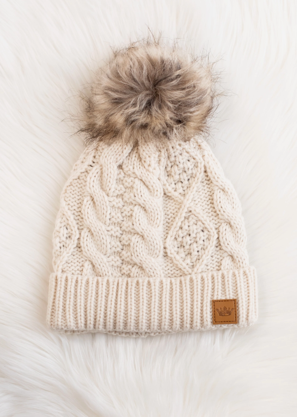 Beige Cable Knit Hat with Natural Pom