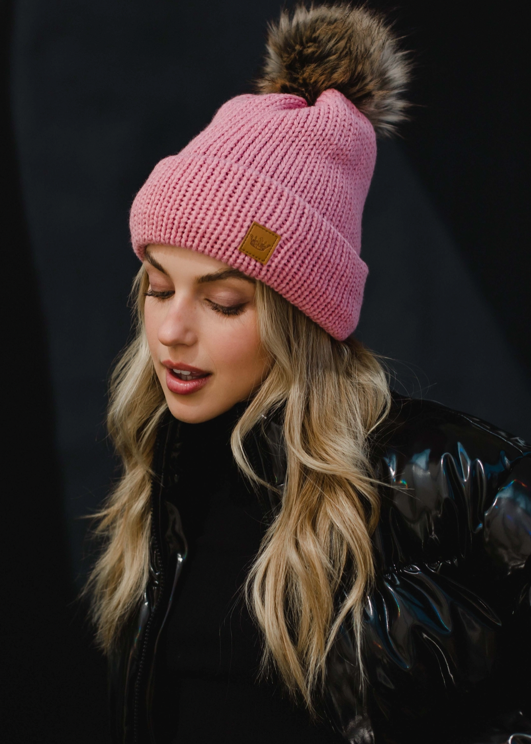 Pink Cable Knit Pom Hat