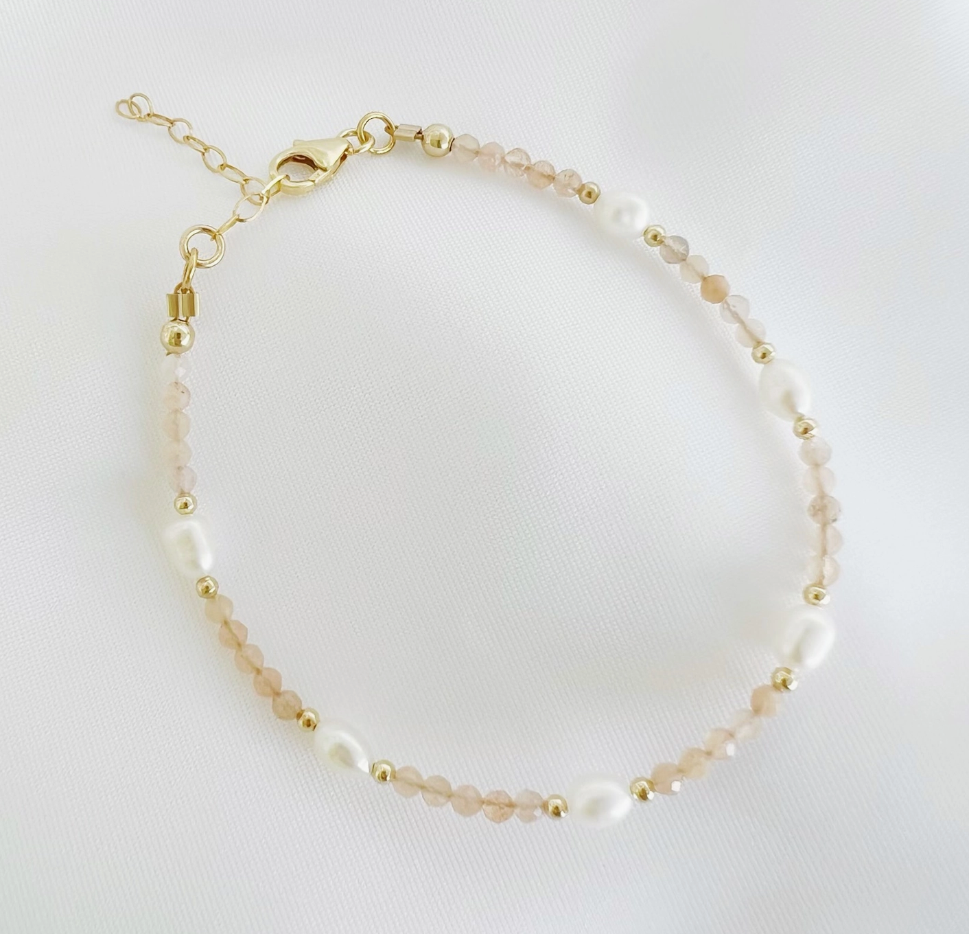 Peach Moonstone Freshwater Pearl Gold Filled Bracelet