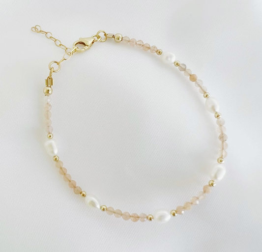 Peach Moonstone Freshwater Pearl Gold Filled Bracelet
