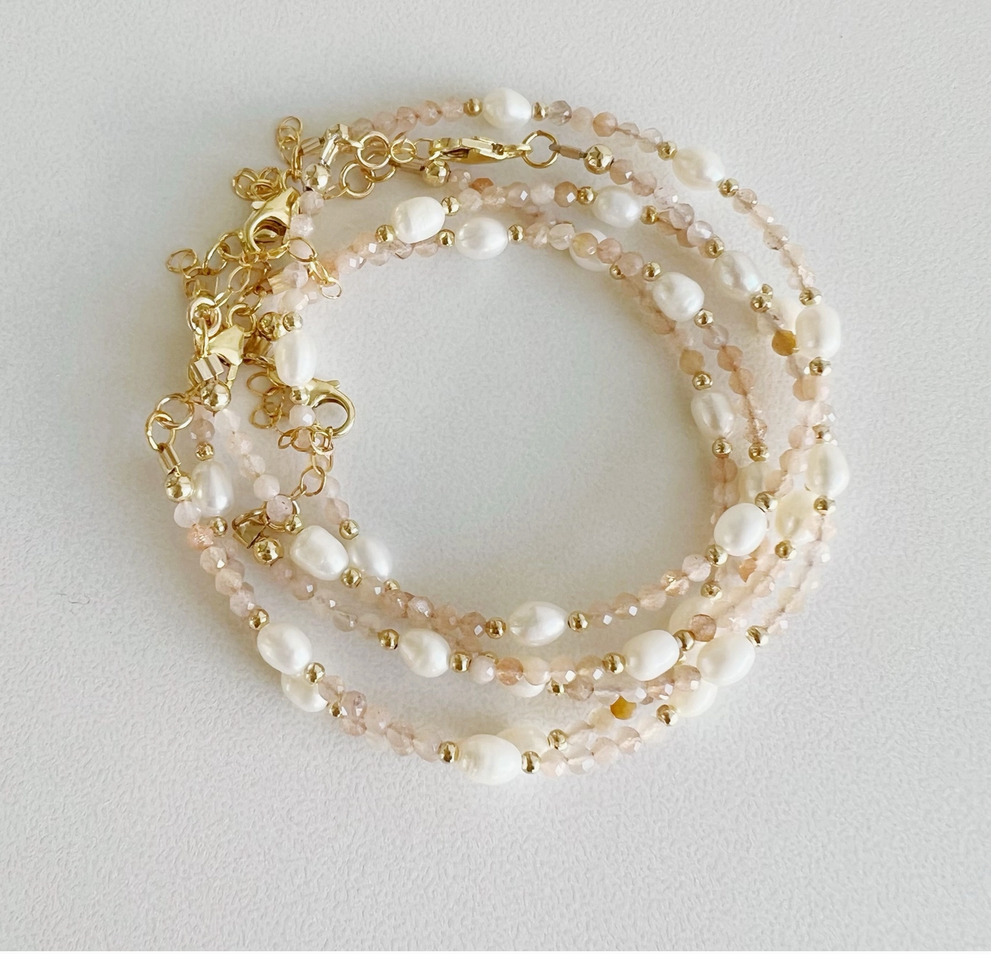 Peach Moonstone Freshwater Pearl Gold Filled Bracelet