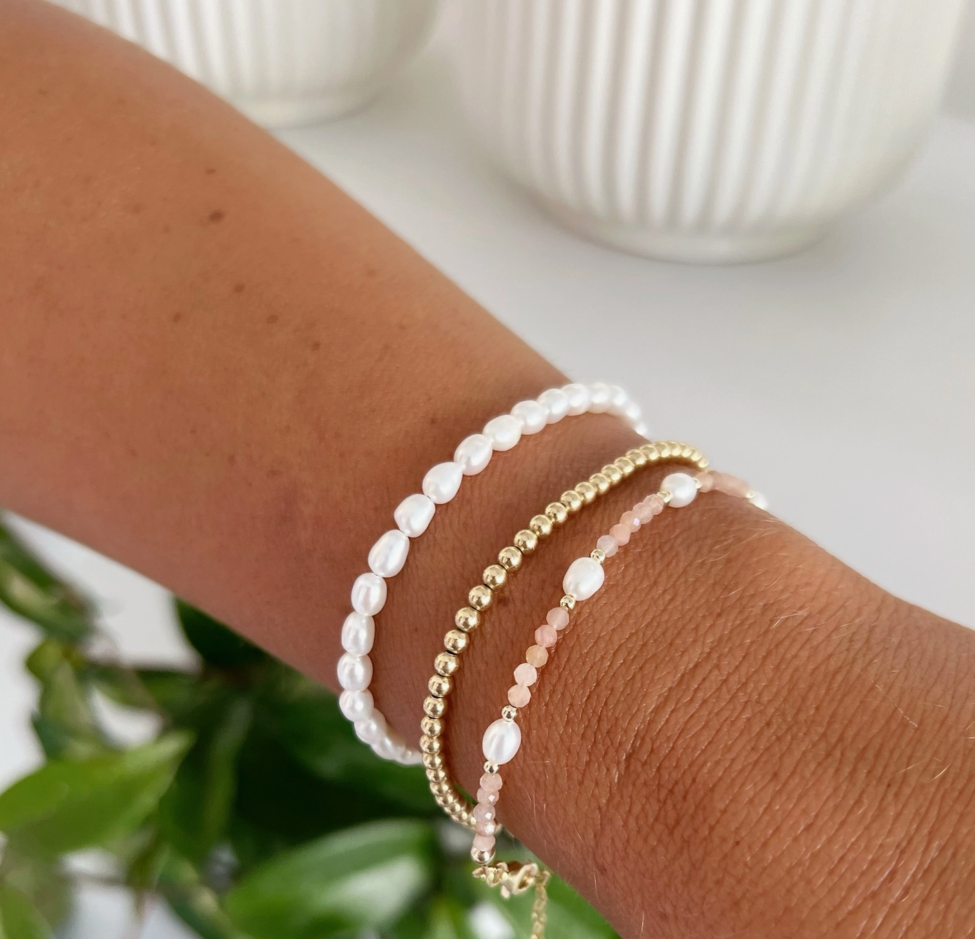 Peach Moonstone Freshwater Pearl Gold Filled Bracelet