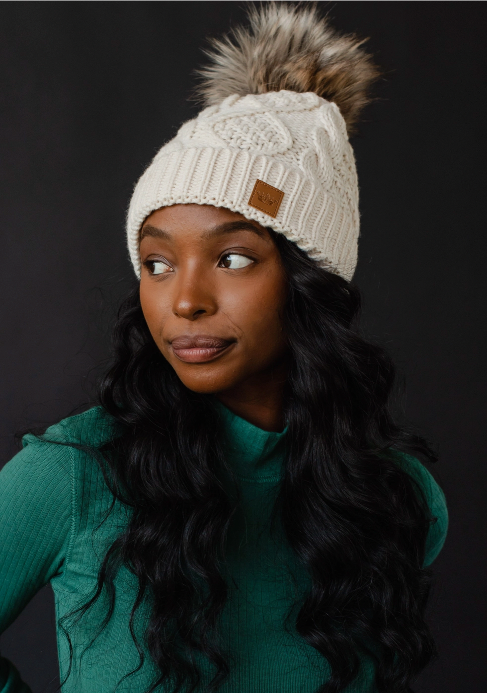 Beige Cable Knit Hat with Natural Pom