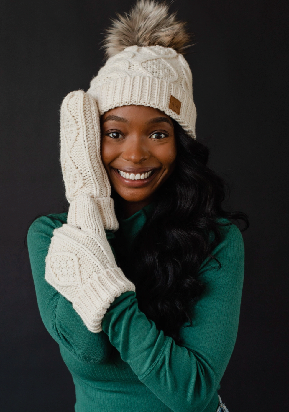 Beige Cable Knit Hat with Natural Pom