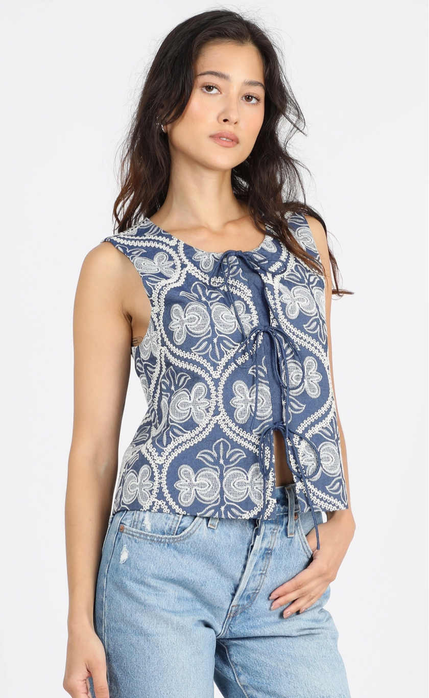 Romy Embroidered Tie Front Shell Top