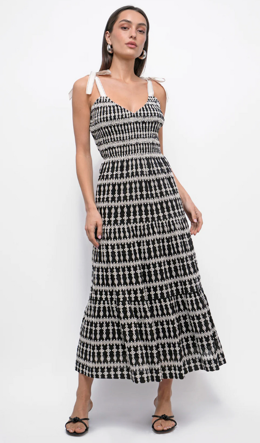 Jayla Embroidery Eyelet Smocked Midi Dress
