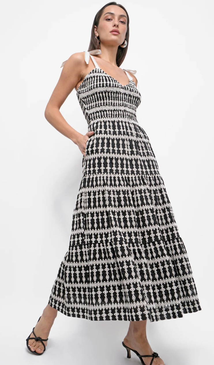 Jayla Embroidery Eyelet Smocked Midi Dress