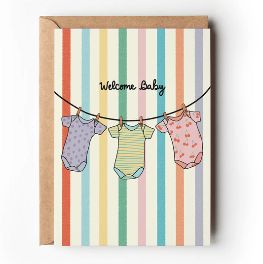 Welcome Baby Onesies Rainbow Striped New Baby Greeting Card