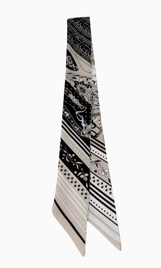 Knotted Beige and Black Print Scarf Necklace