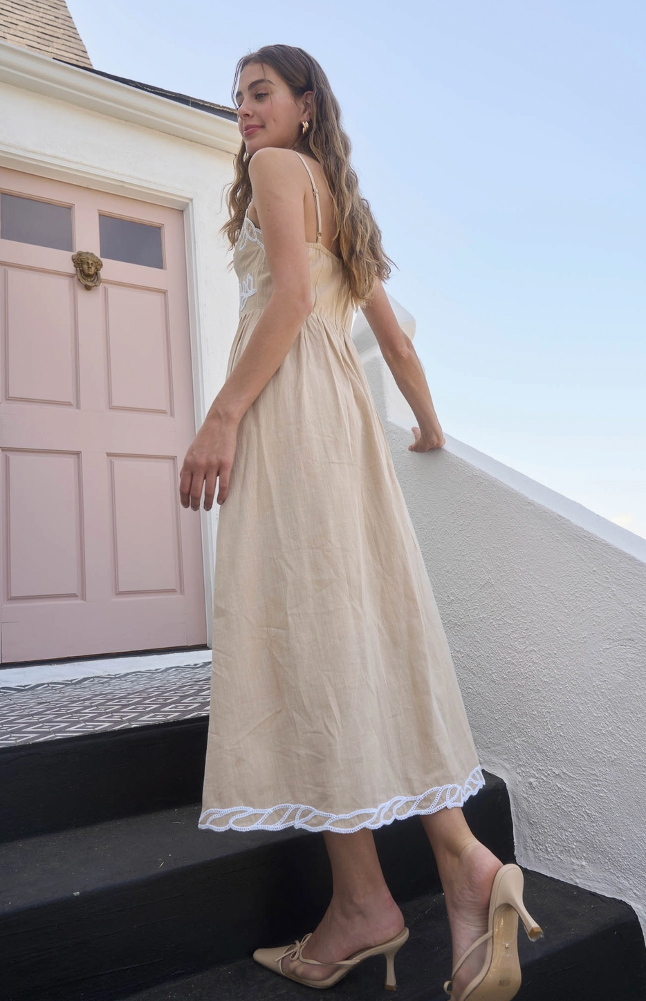 Gillian Embroidered Tan Midi Dress