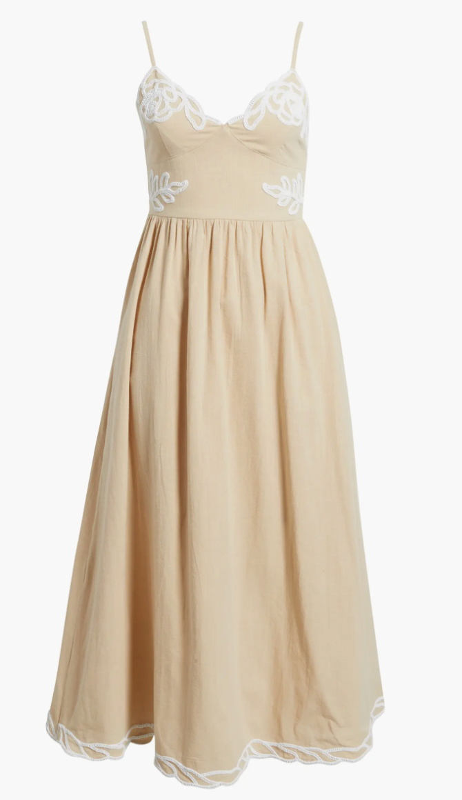 Gillian Embroidered Tan Midi Dress