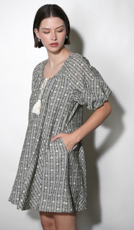 Elena Stripe Pattern Bubble Sleeve Popover Dress