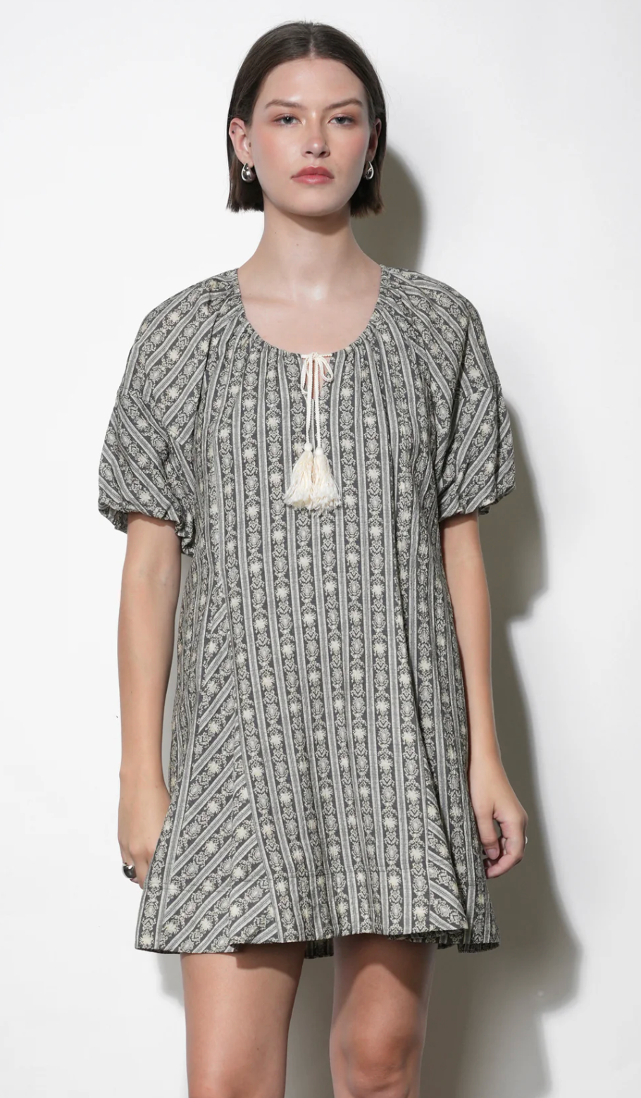Elena Stripe Pattern Bubble Sleeve Popover Dress