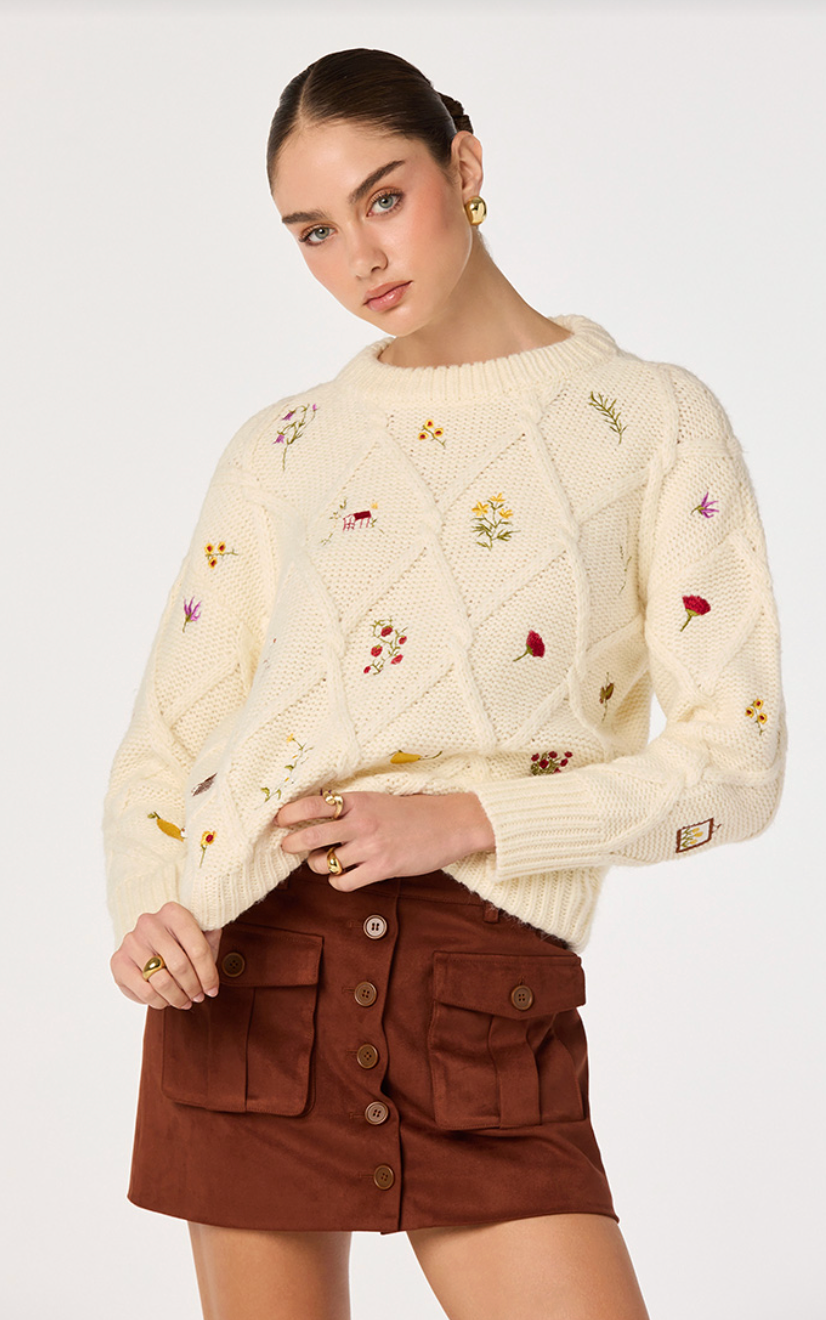Rose Embroidered Diamond Knit Sweater