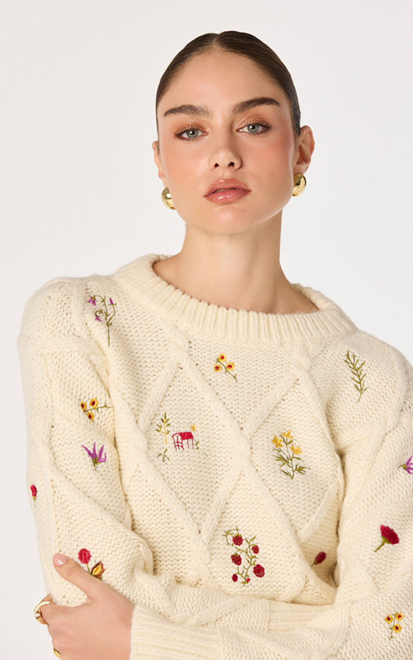Rose Embroidered Diamond Knit Sweater