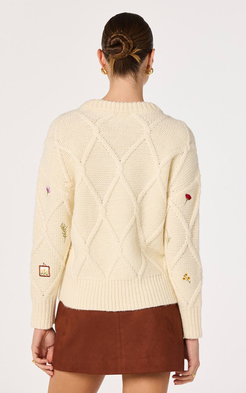 Rose Embroidered Diamond Knit Sweater