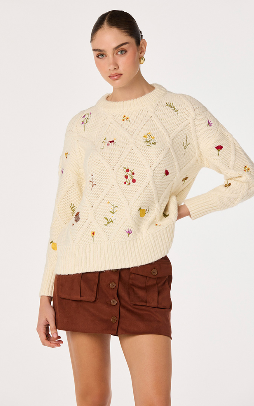 Rose Embroidered Diamond Knit Sweater
