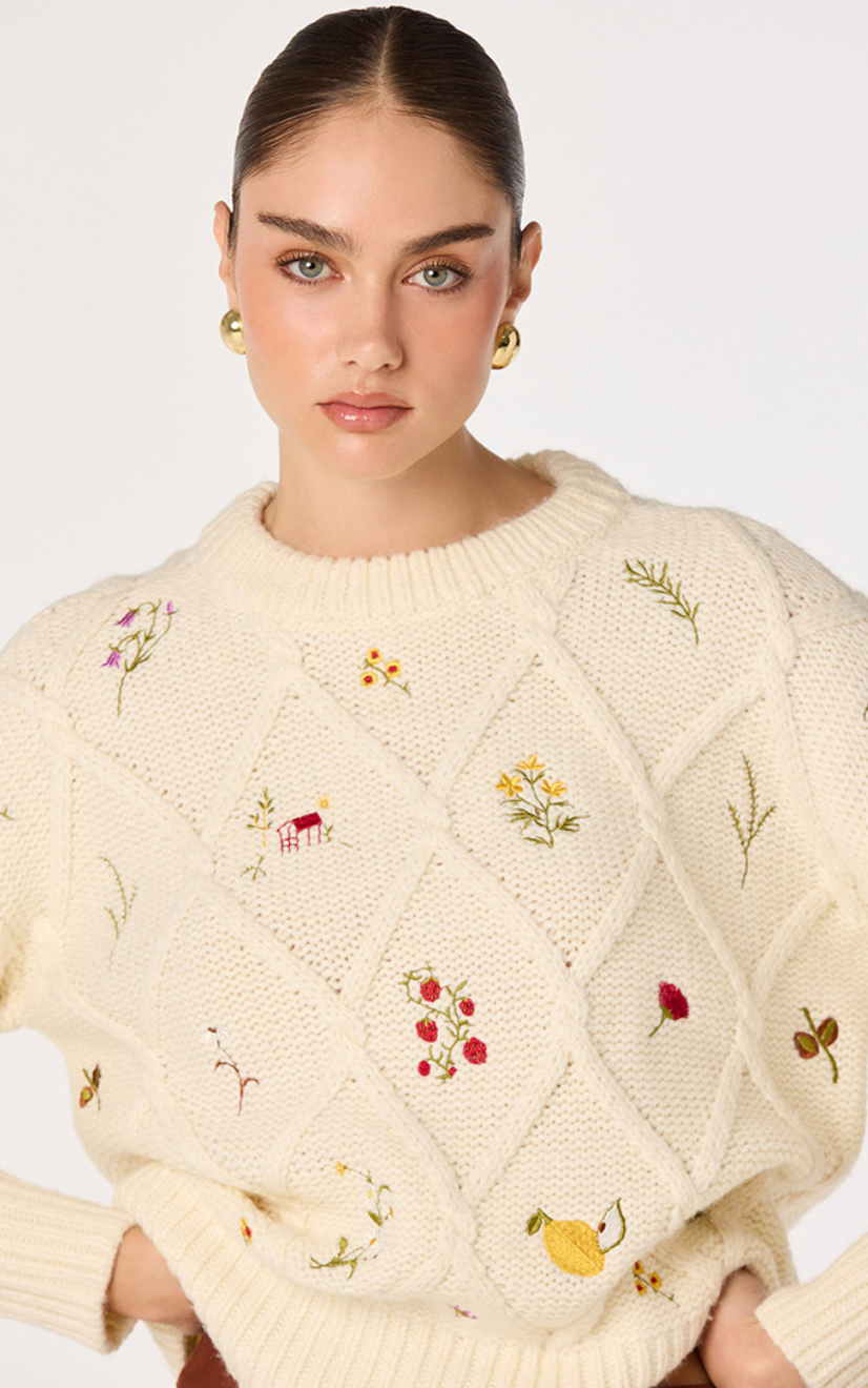 Rose Embroidered Diamond Knit Sweater
