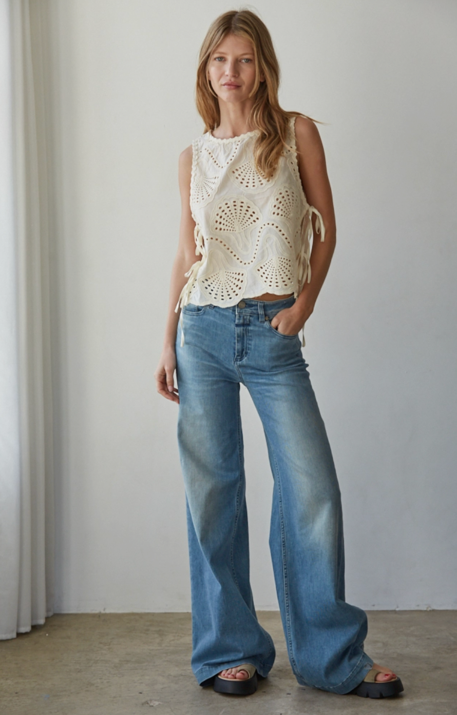 Cream Shorelines Eyelet Top