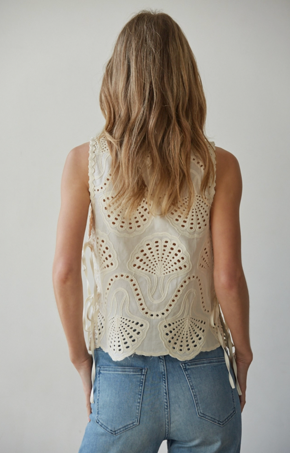 Cream Shorelines Eyelet Top