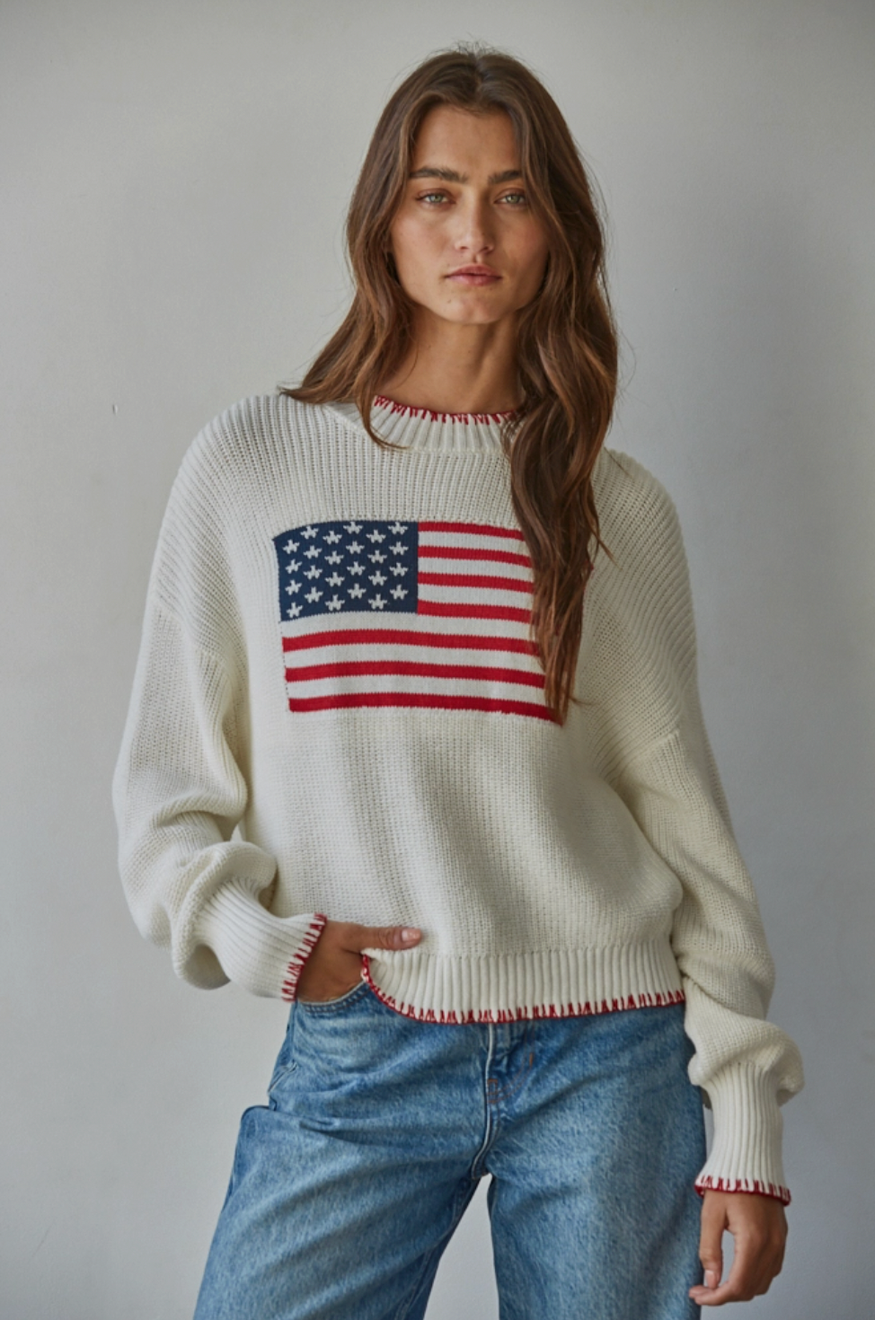 Knit Sweater Crew American Flag Pullover