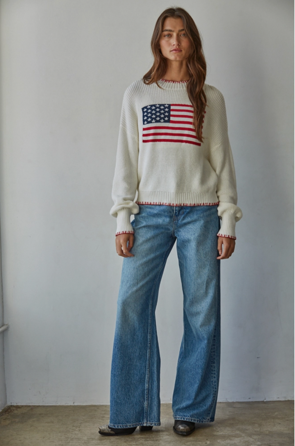Knit Sweater Crew American Flag Pullover