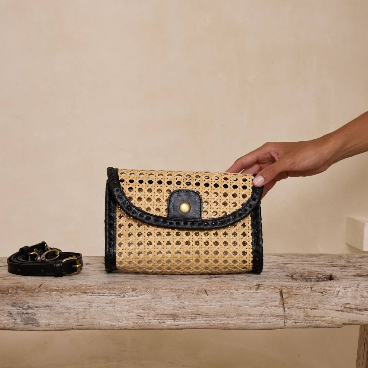 The Winding Road - Black Rattan Clutch with Leather Trim and Crossbody Strap
