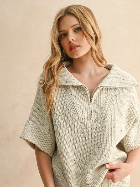 Half Zip Short Sleeve Knitted Top